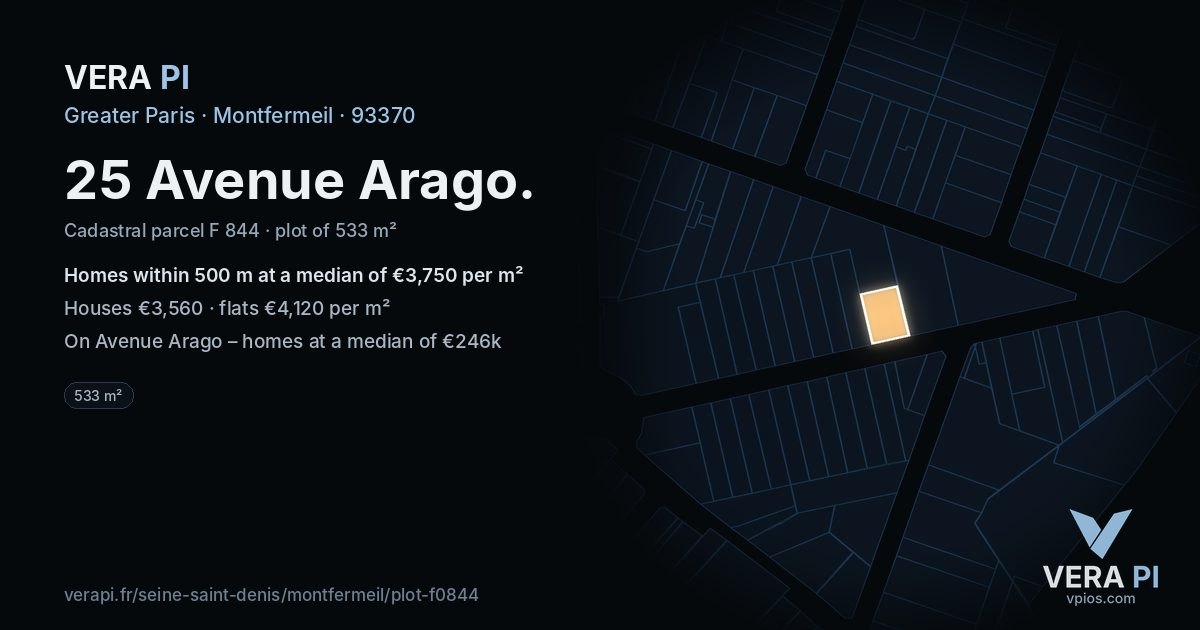 25 Avenue Arago, Montfermeil at night – the plot lit, the parcels around coloured by the prices near them