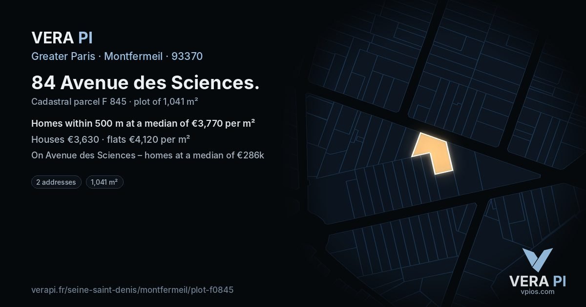 84 Avenue des Sciences, Montfermeil at night – the plot lit, the parcels around coloured by the prices near them