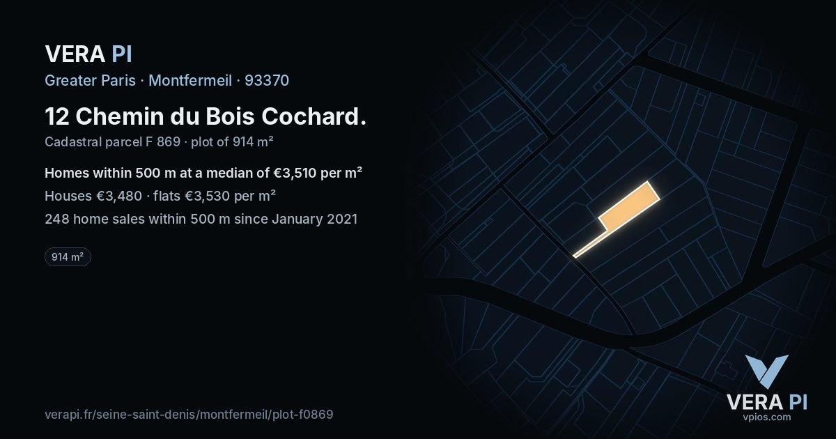 12 Chemin du Bois Cochard, Montfermeil at night – the plot lit, the parcels around coloured by the prices near them