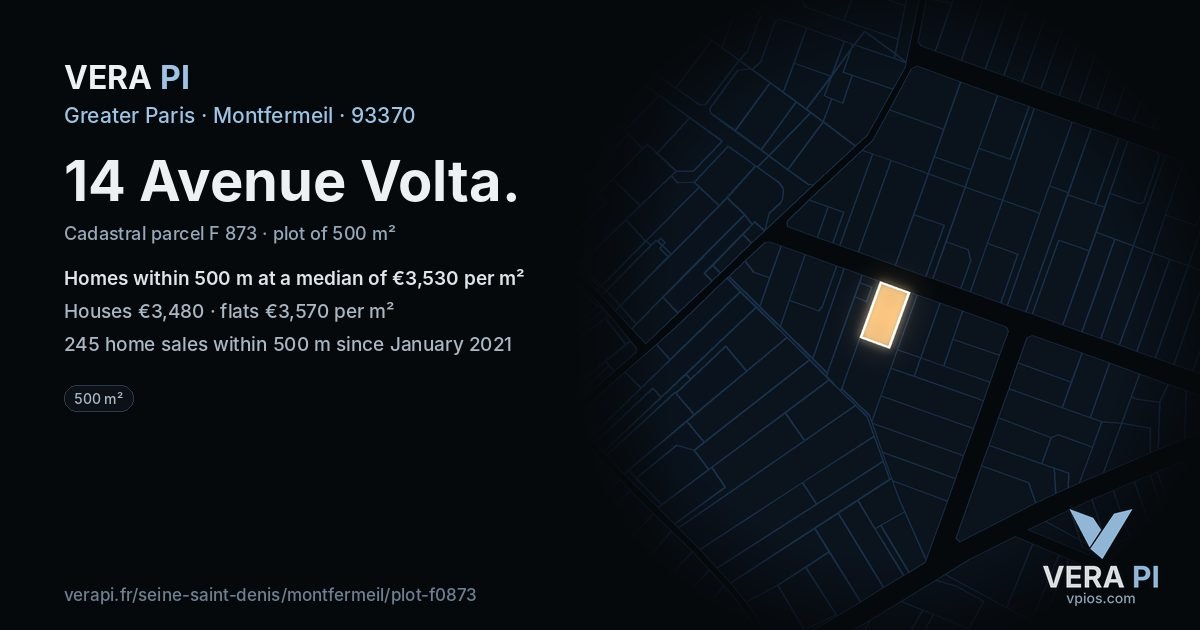 14 Avenue Volta, Montfermeil at night – the plot lit, the parcels around coloured by the prices near them