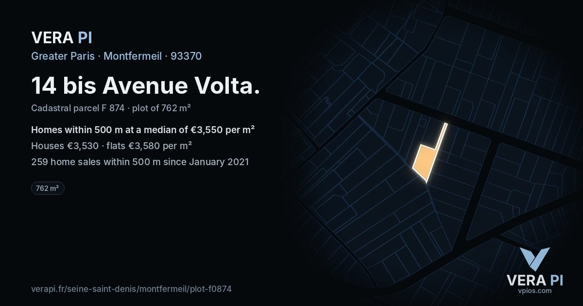 14 bis Avenue Volta, Montfermeil at night – the plot lit, the parcels around coloured by the prices near them