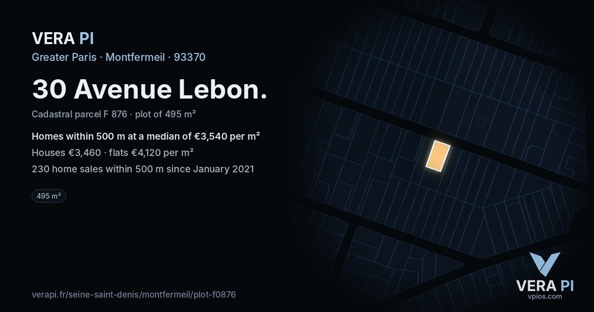 30 Avenue Lebon, Montfermeil at night – the plot lit, the parcels around coloured by the prices near them