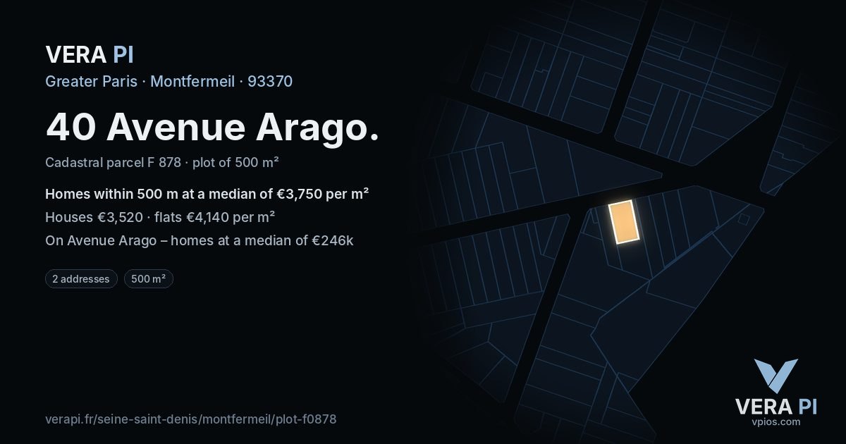 40 Avenue Arago, Montfermeil at night – the plot lit, the parcels around coloured by the prices near them