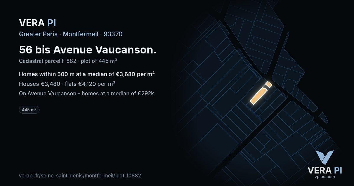 56 bis Avenue Vaucanson, Montfermeil at night – the plot lit, the parcels around coloured by the prices near them
