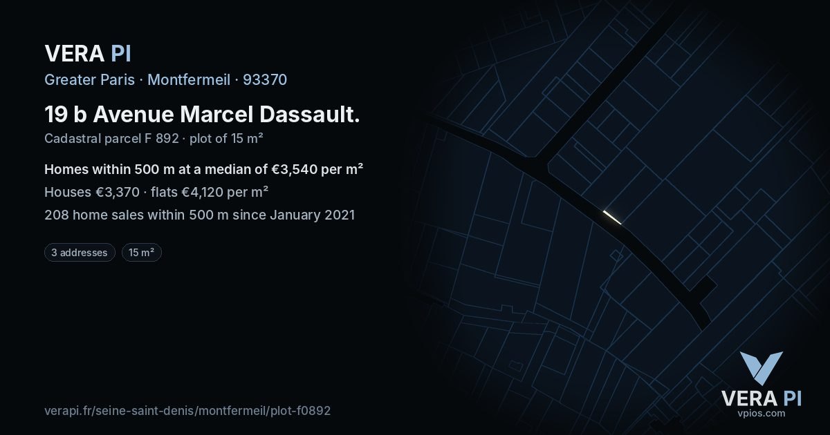 19 b Avenue Marcel Dassault, Montfermeil at night – the plot lit, the parcels around coloured by the prices near them