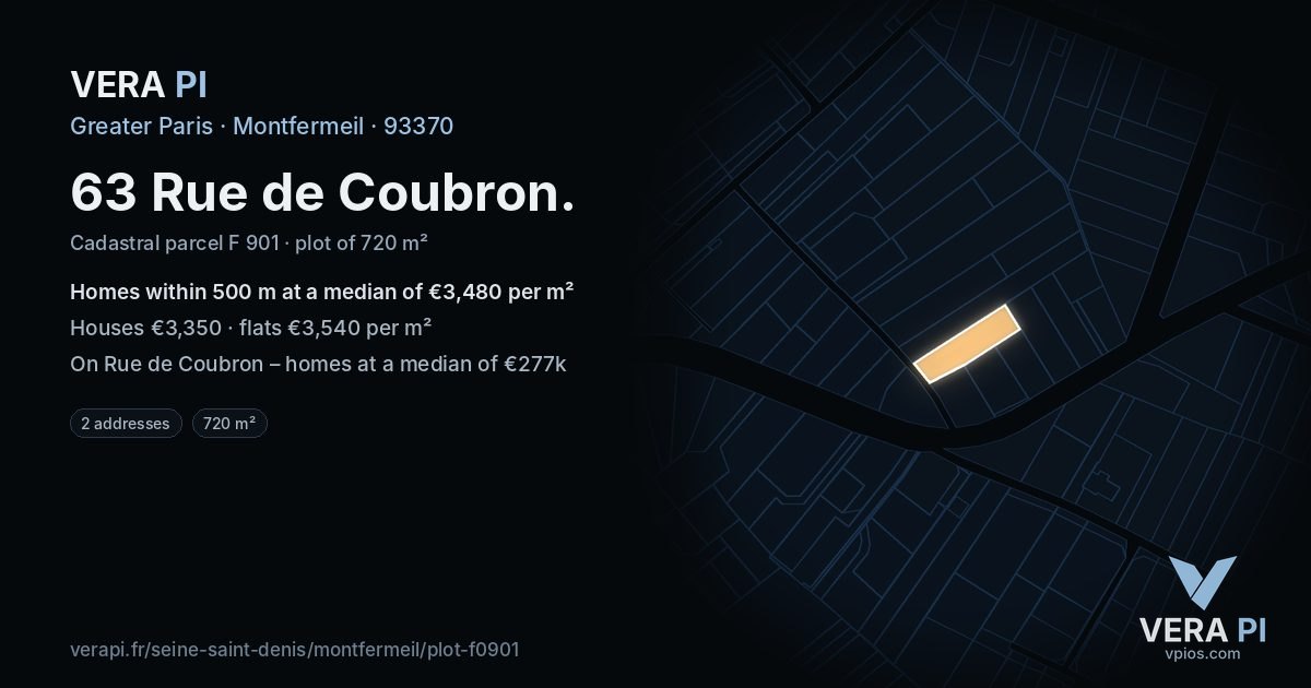 63 Rue de Coubron, Montfermeil at night – the plot lit, the parcels around coloured by the prices near them