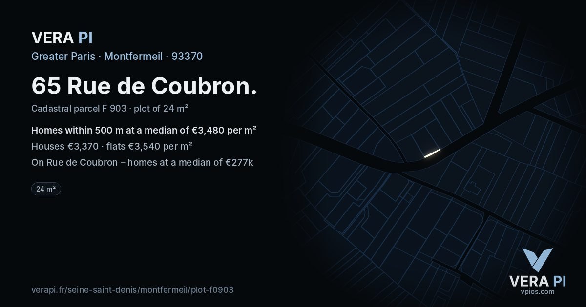 65 Rue de Coubron, Montfermeil at night – the plot lit, the parcels around coloured by the prices near them