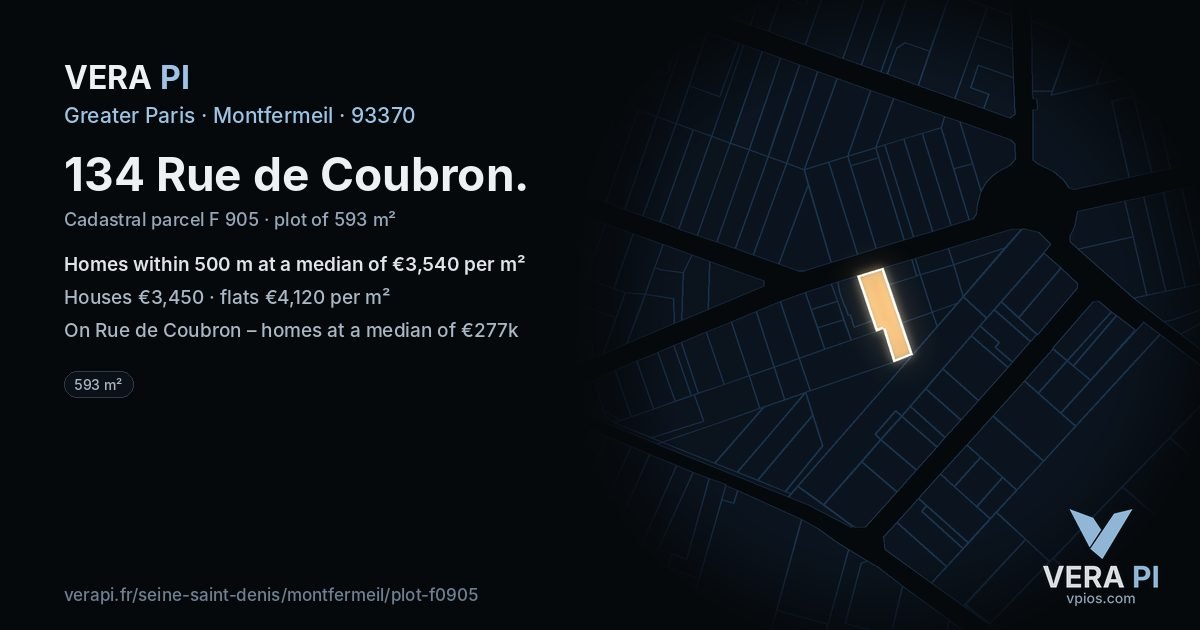 134 Rue de Coubron, Montfermeil at night – the plot lit, the parcels around coloured by the prices near them