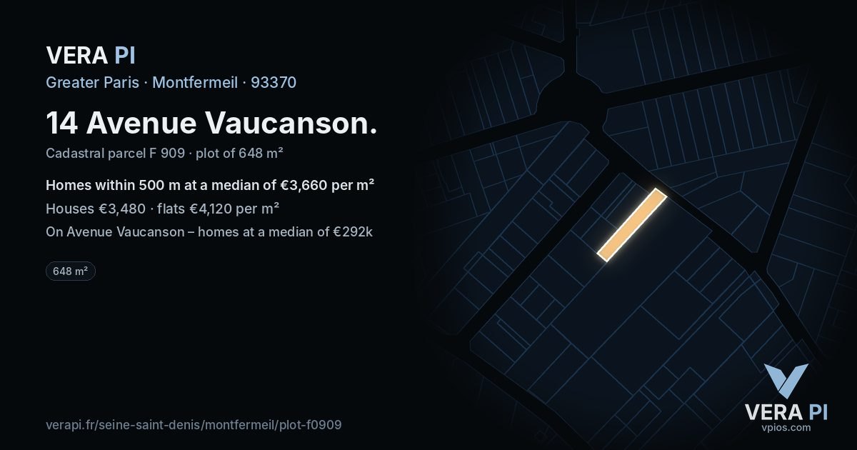 14 Avenue Vaucanson, Montfermeil at night – the plot lit, the parcels around coloured by the prices near them