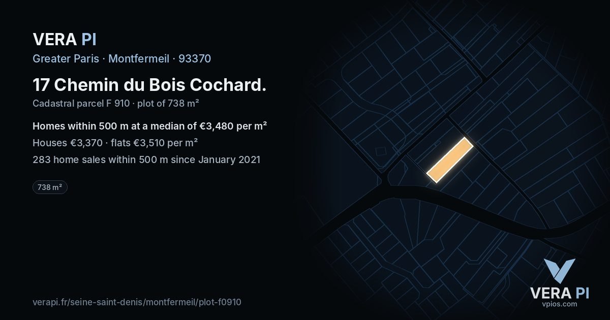17 Chemin du Bois Cochard, Montfermeil at night – the plot lit, the parcels around coloured by the prices near them