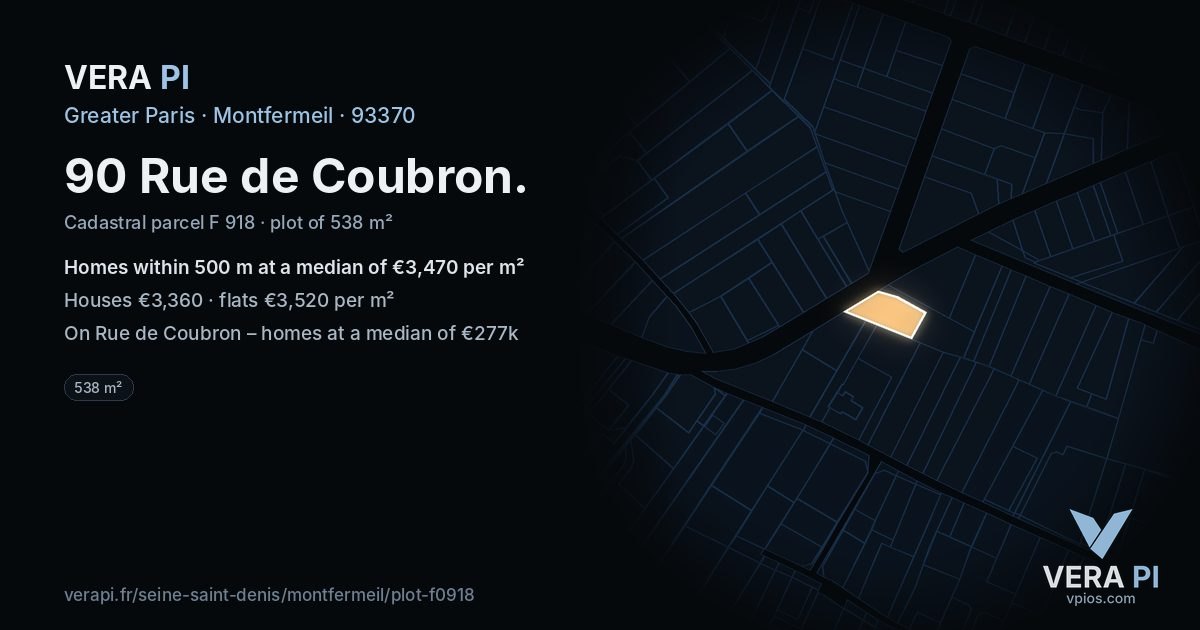 90 Rue de Coubron, Montfermeil at night – the plot lit, the parcels around coloured by the prices near them