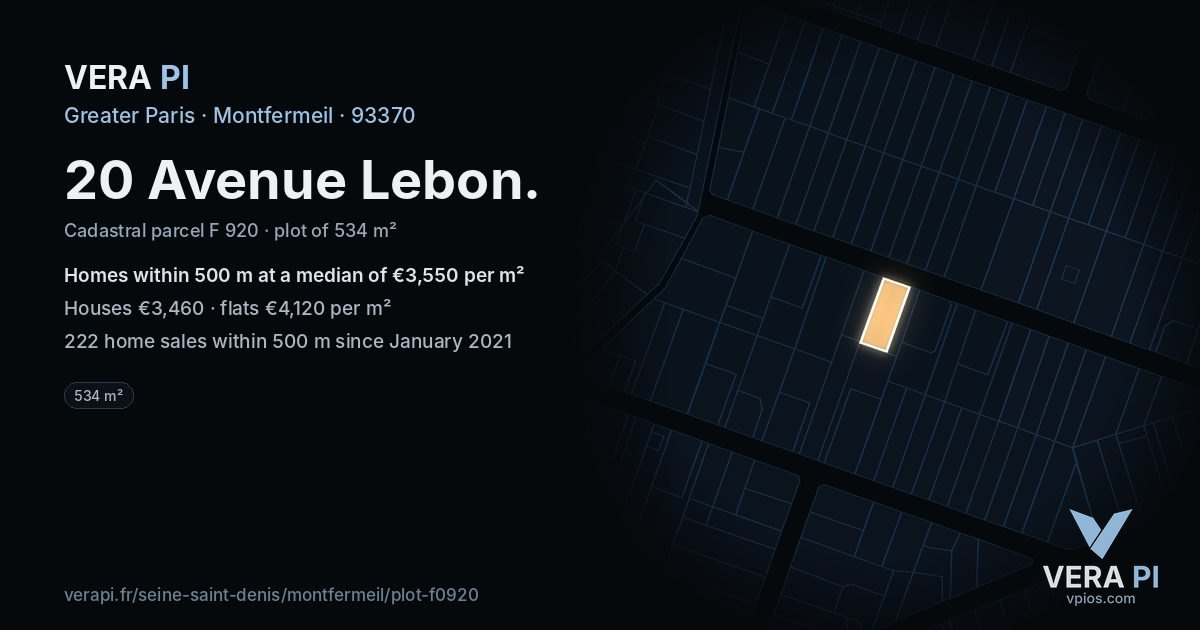20 Avenue Lebon, Montfermeil at night – the plot lit, the parcels around coloured by the prices near them