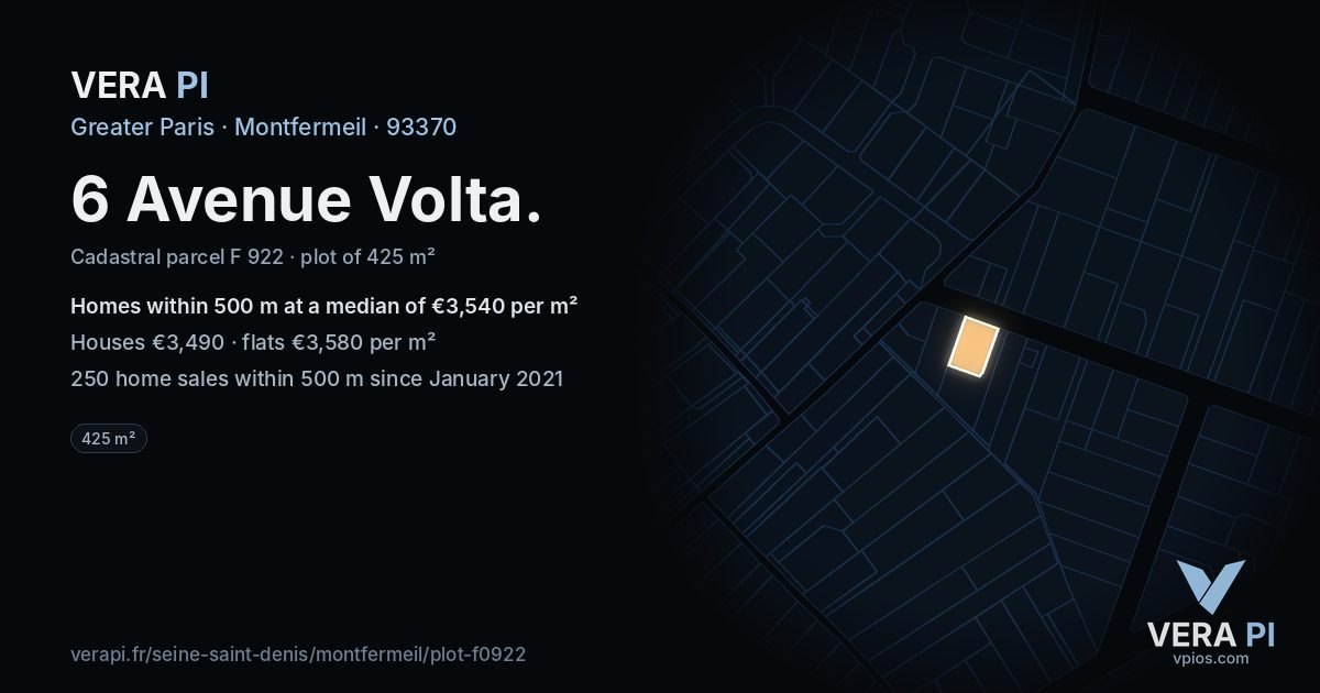6 Avenue Volta, Montfermeil at night – the plot lit, the parcels around coloured by the prices near them