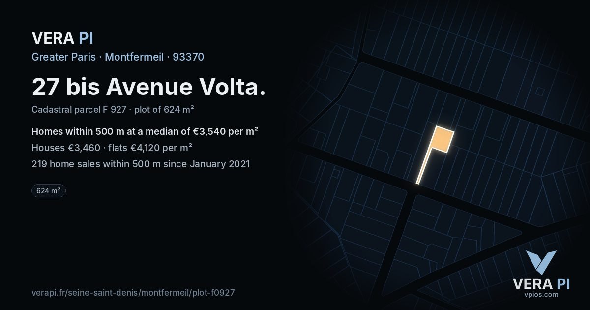 27 bis Avenue Volta, Montfermeil at night – the plot lit, the parcels around coloured by the prices near them