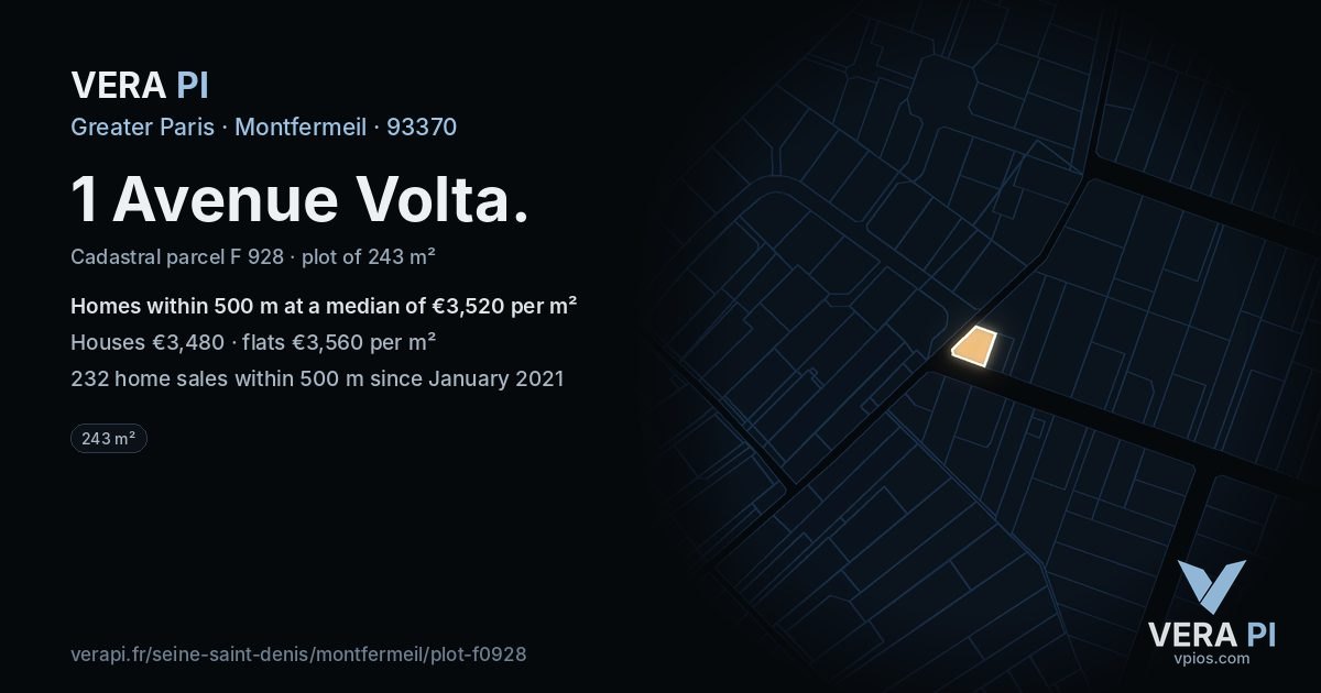 1 Avenue Volta, Montfermeil at night – the plot lit, the parcels around coloured by the prices near them