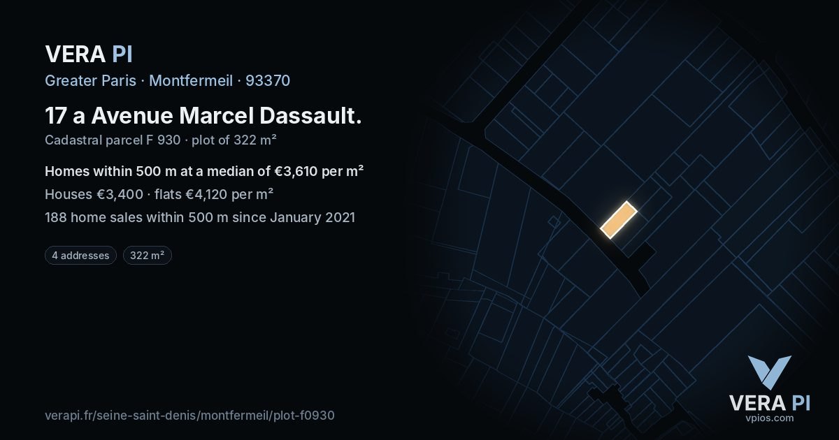 17 a Avenue Marcel Dassault, Montfermeil at night – the plot lit, the parcels around coloured by the prices near them