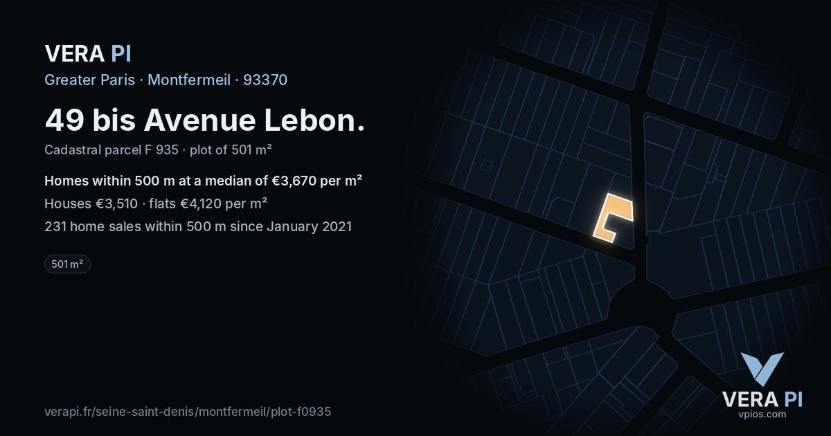 49 bis Avenue Lebon, Montfermeil at night – the plot lit, the parcels around coloured by the prices near them