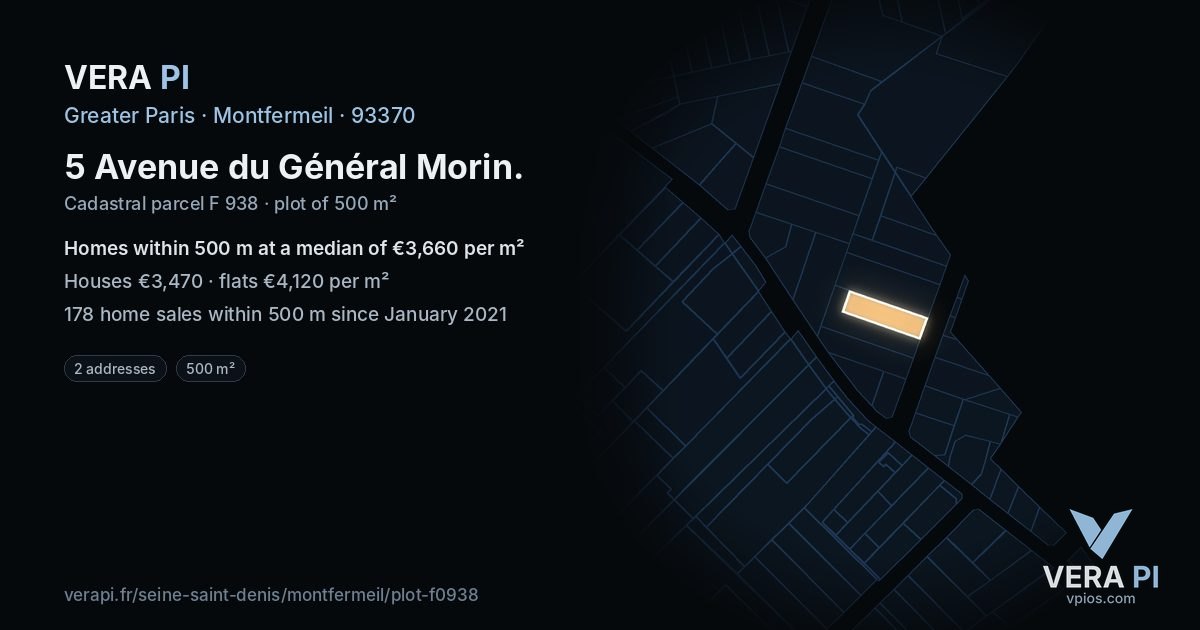 5 Avenue du Général Morin, Montfermeil at night – the plot lit, the parcels around coloured by the prices near them