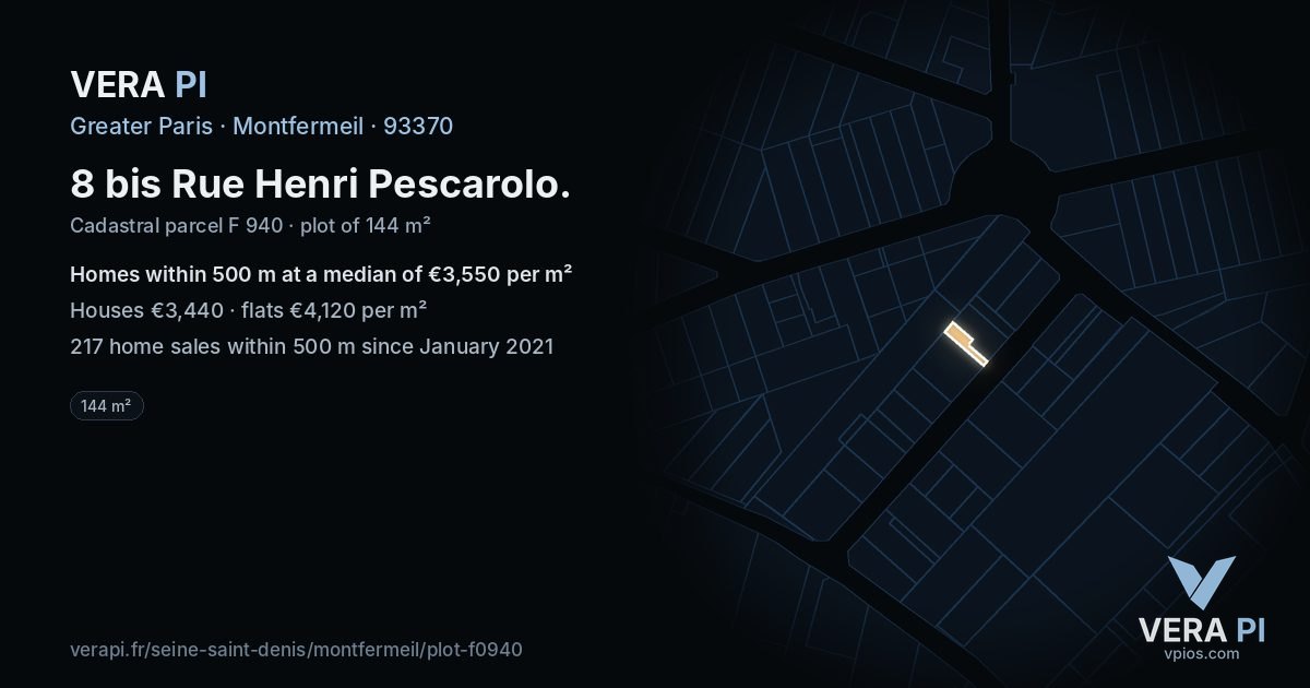 8 bis Rue Henri Pescarolo, Montfermeil at night – the plot lit, the parcels around coloured by the prices near them
