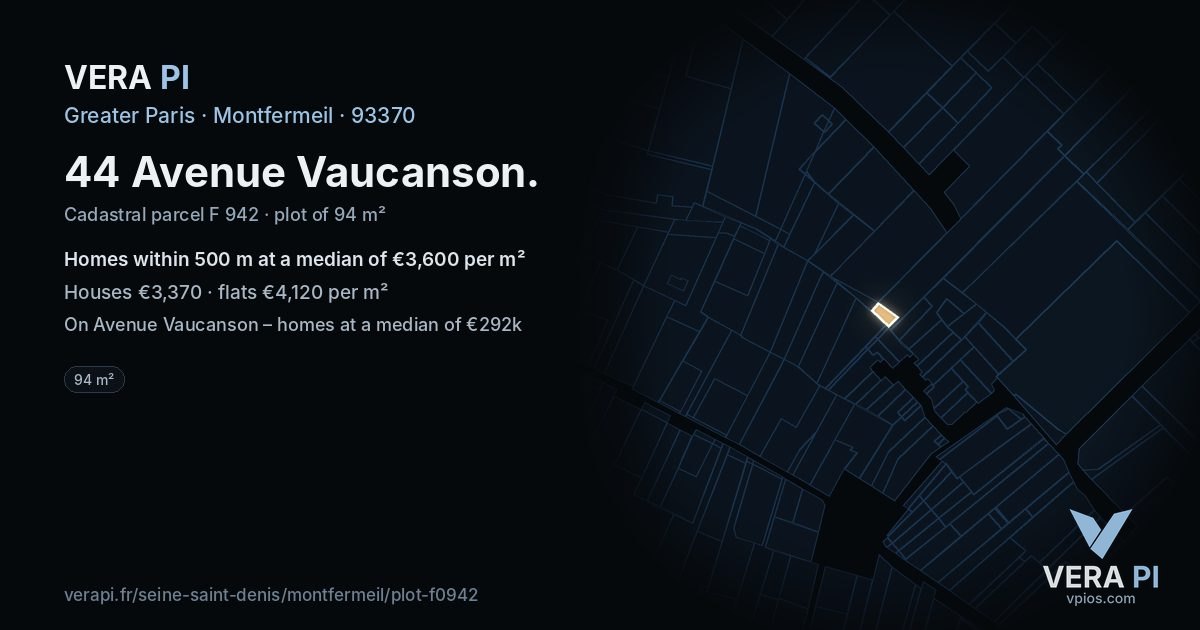 44 Avenue Vaucanson, Montfermeil at night – the plot lit, the parcels around coloured by the prices near them
