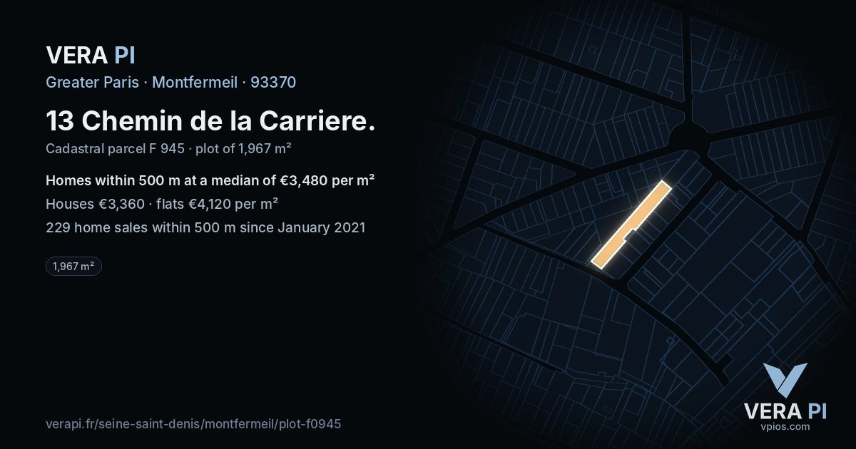13 Chemin de la Carriere, Montfermeil at night – the plot lit, the parcels around coloured by the prices near them