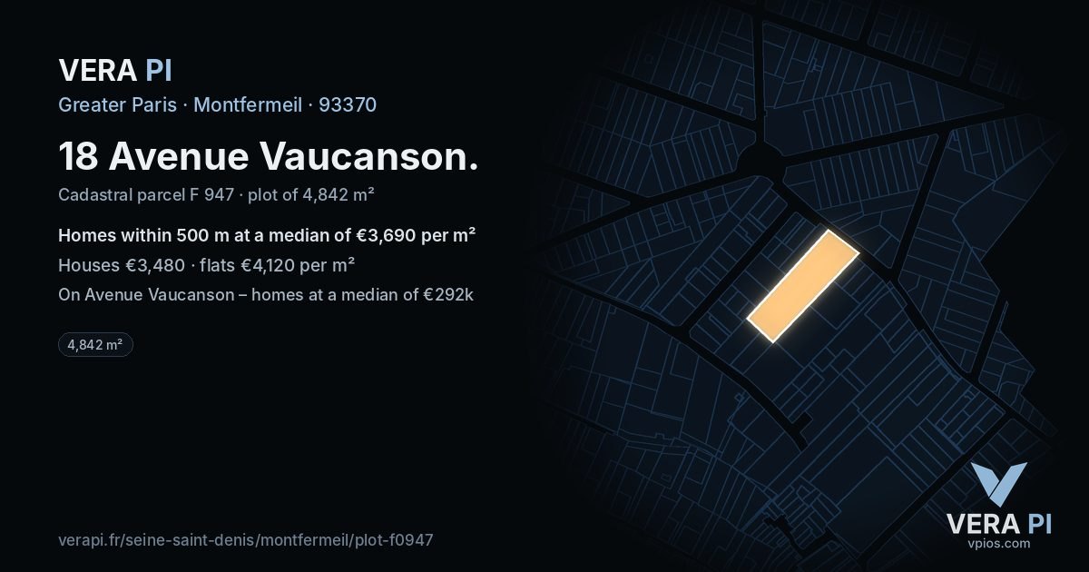 18 Avenue Vaucanson, Montfermeil at night – the plot lit, the parcels around coloured by the prices near them