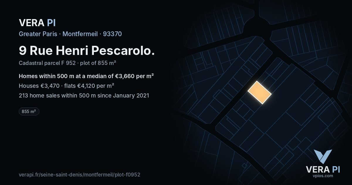 9 Rue Henri Pescarolo, Montfermeil at night – the plot lit, the parcels around coloured by the prices near them
