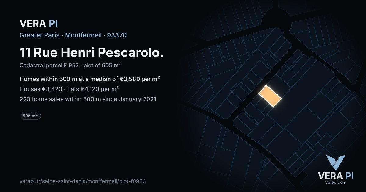11 Rue Henri Pescarolo, Montfermeil at night – the plot lit, the parcels around coloured by the prices near them