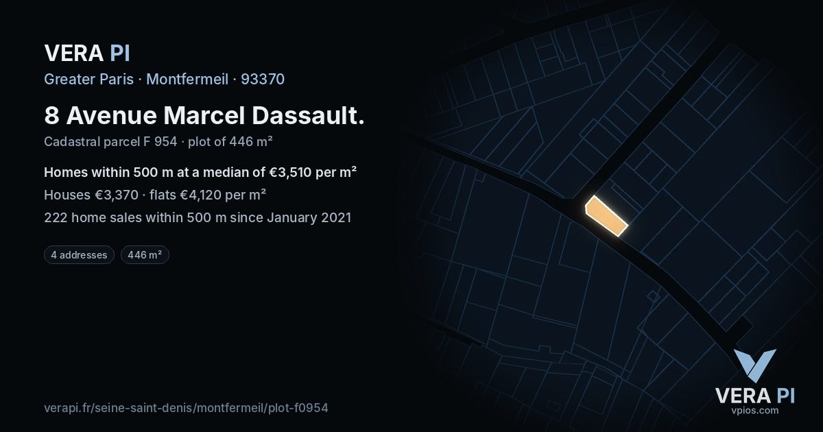 8 Avenue Marcel Dassault, Montfermeil at night – the plot lit, the parcels around coloured by the prices near them