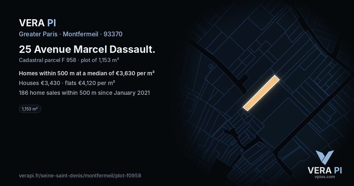 25 Avenue Marcel Dassault, Montfermeil at night – the plot lit, the parcels around coloured by the prices near them