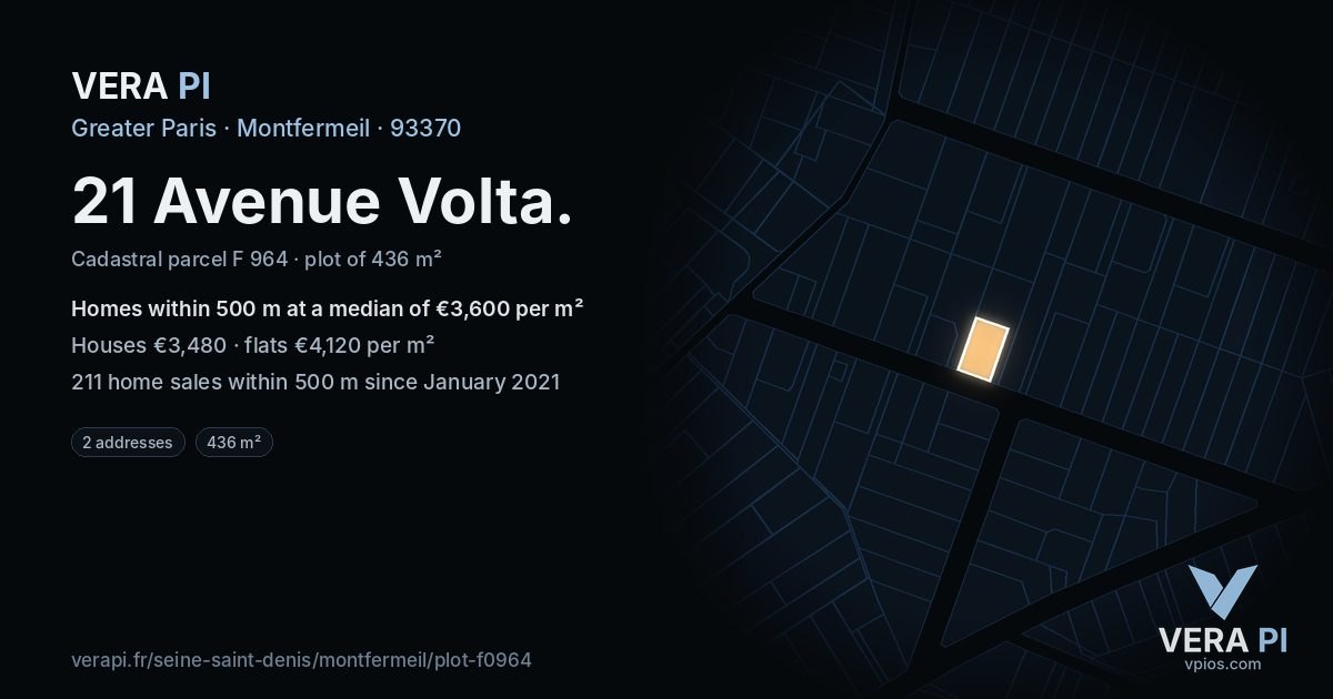 21 Avenue Volta, Montfermeil at night – the plot lit, the parcels around coloured by the prices near them