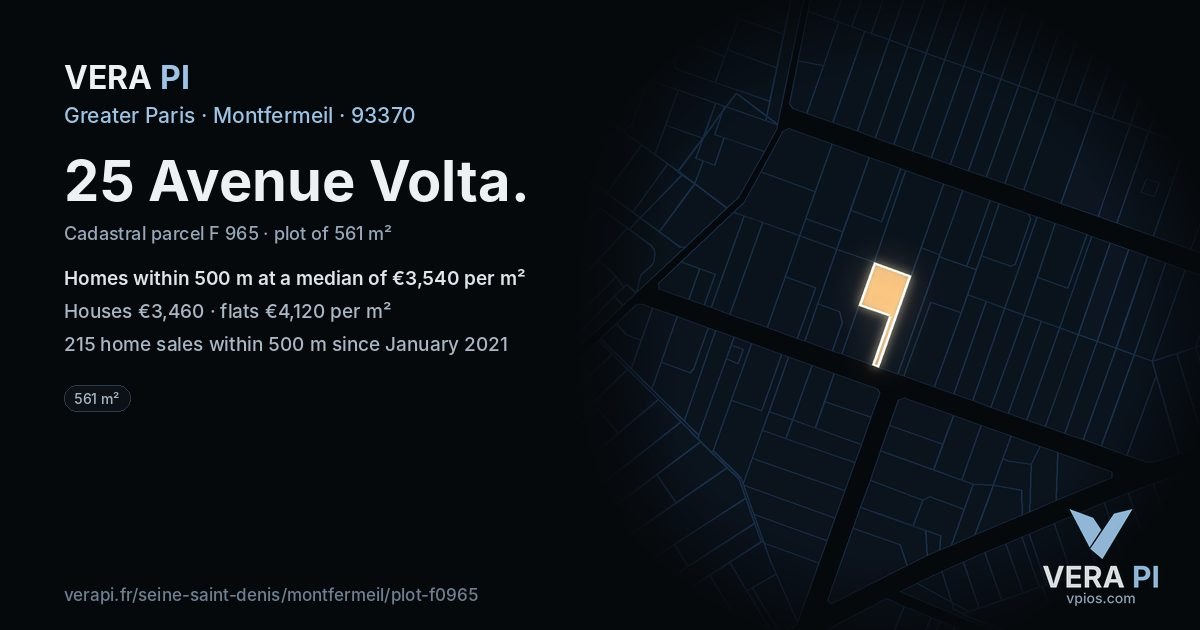 25 Avenue Volta, Montfermeil at night – the plot lit, the parcels around coloured by the prices near them
