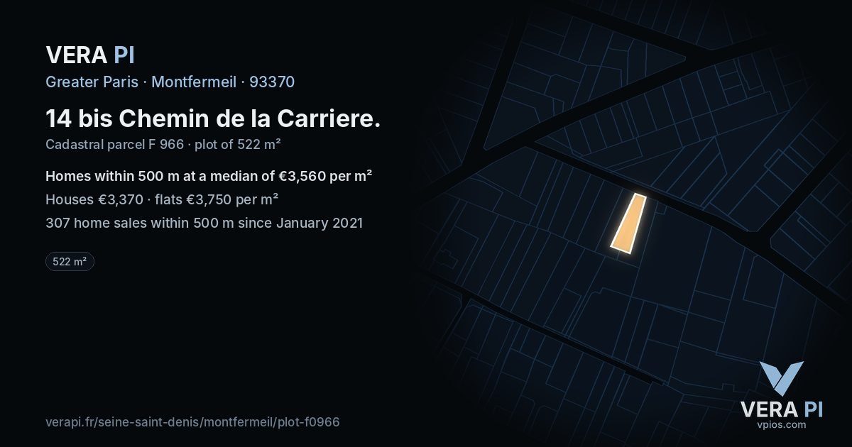 14 bis Chemin de la Carriere, Montfermeil at night – the plot lit, the parcels around coloured by the prices near them