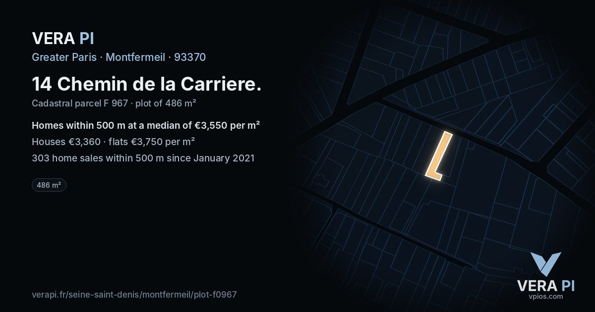 14 Chemin de la Carriere, Montfermeil at night – the plot lit, the parcels around coloured by the prices near them