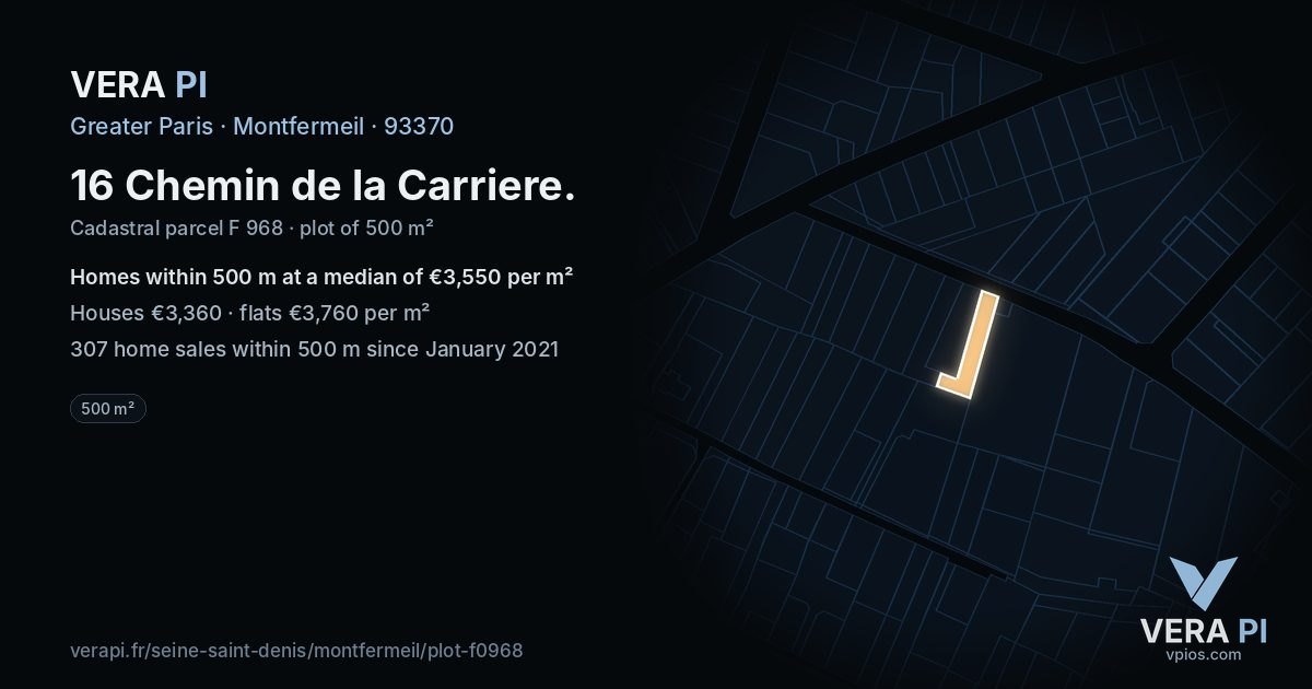 16 Chemin de la Carriere, Montfermeil at night – the plot lit, the parcels around coloured by the prices near them