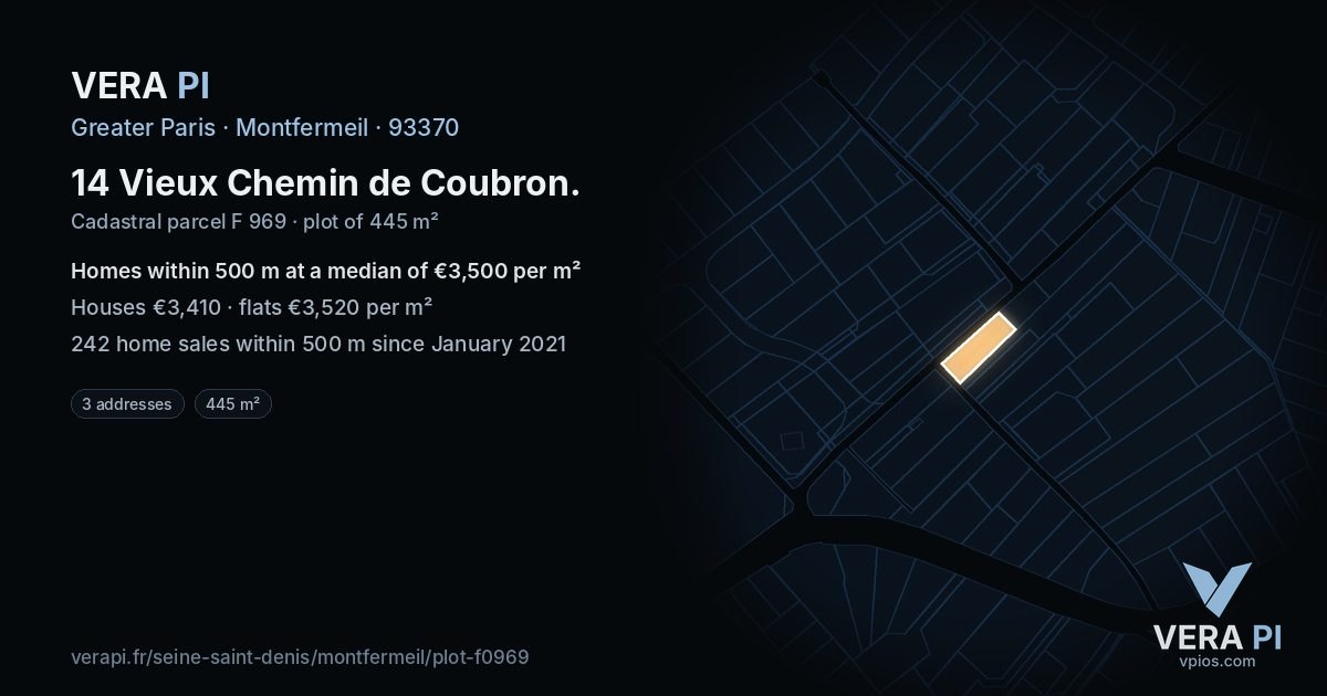 14 Vieux Chemin de Coubron, Montfermeil at night – the plot lit, the parcels around coloured by the prices near them
