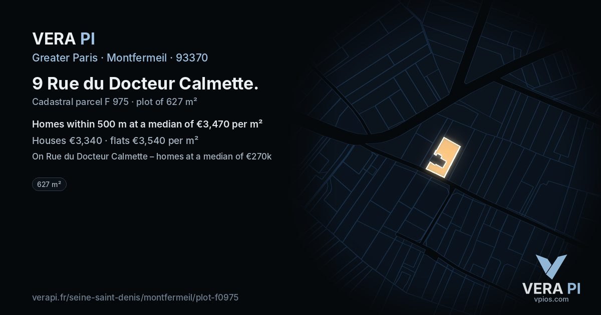 9 Rue du Docteur Calmette, Montfermeil at night – the plot lit, the parcels around coloured by the prices near them