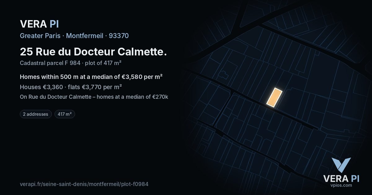 25 Rue du Docteur Calmette, Montfermeil at night – the plot lit, the parcels around coloured by the prices near them