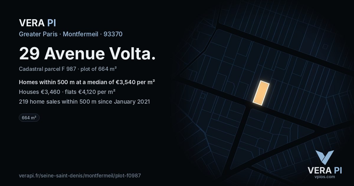 29 Avenue Volta, Montfermeil at night – the plot lit, the parcels around coloured by the prices near them