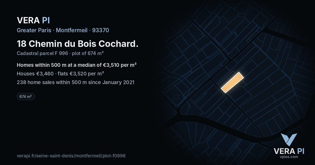 18 Chemin du Bois Cochard, Montfermeil at night – the plot lit, the parcels around coloured by the prices near them