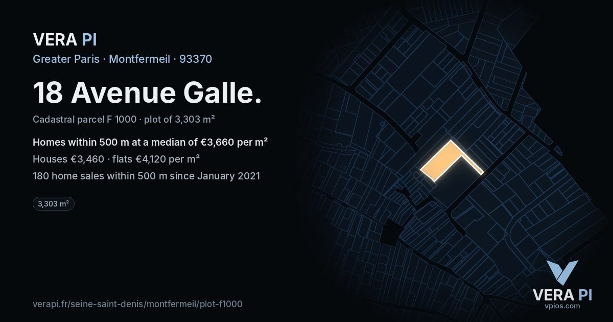18 Avenue Galle, Montfermeil at night – the plot lit, the parcels around coloured by the prices near them