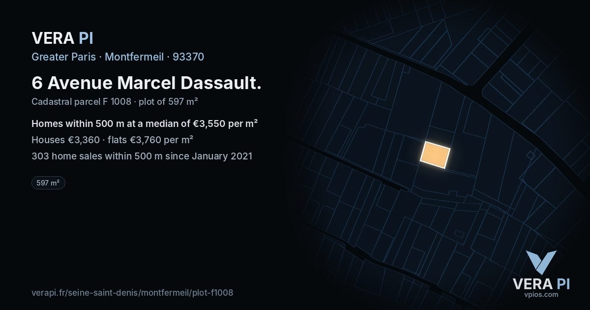 6 Avenue Marcel Dassault, Montfermeil at night – the plot lit, the parcels around coloured by the prices near them