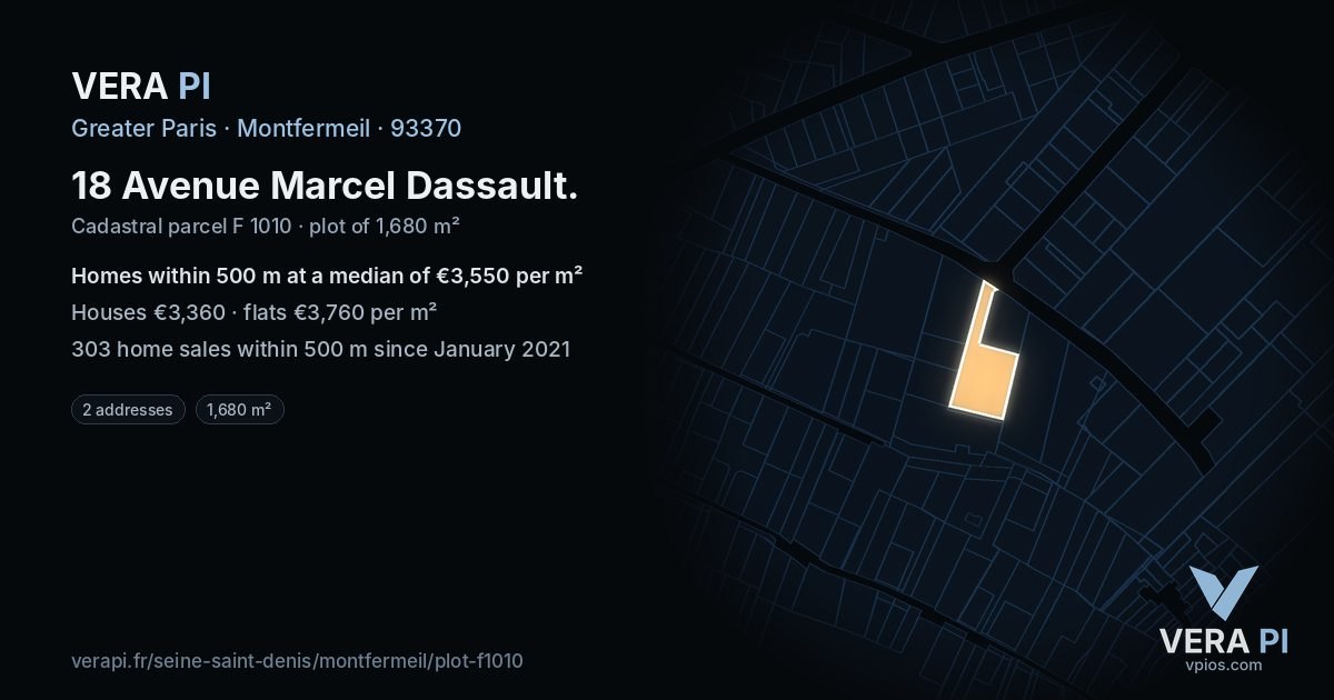 18 Avenue Marcel Dassault, Montfermeil at night – the plot lit, the parcels around coloured by the prices near them