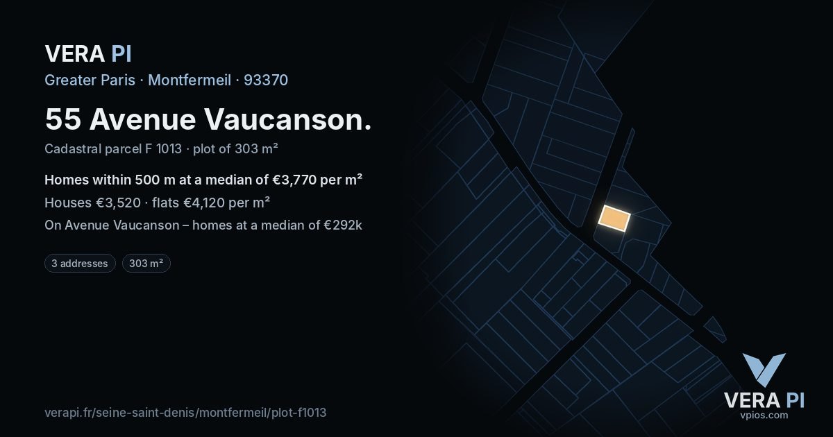 55 Avenue Vaucanson, Montfermeil at night – the plot lit, the parcels around coloured by the prices near them