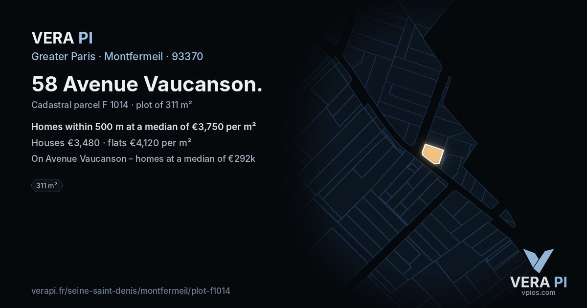 58 Avenue Vaucanson, Montfermeil at night – the plot lit, the parcels around coloured by the prices near them