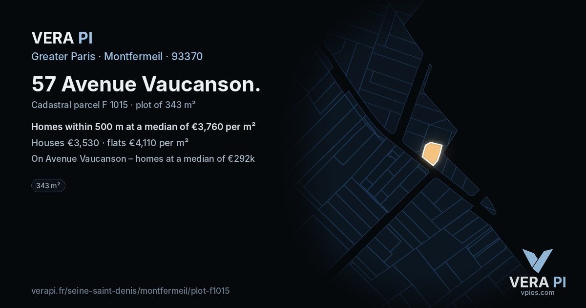 57 Avenue Vaucanson, Montfermeil at night – the plot lit, the parcels around coloured by the prices near them