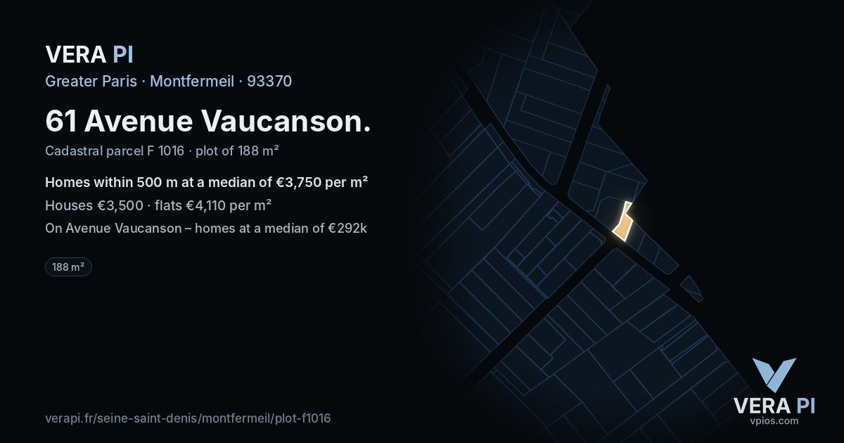 61 Avenue Vaucanson, Montfermeil at night – the plot lit, the parcels around coloured by the prices near them