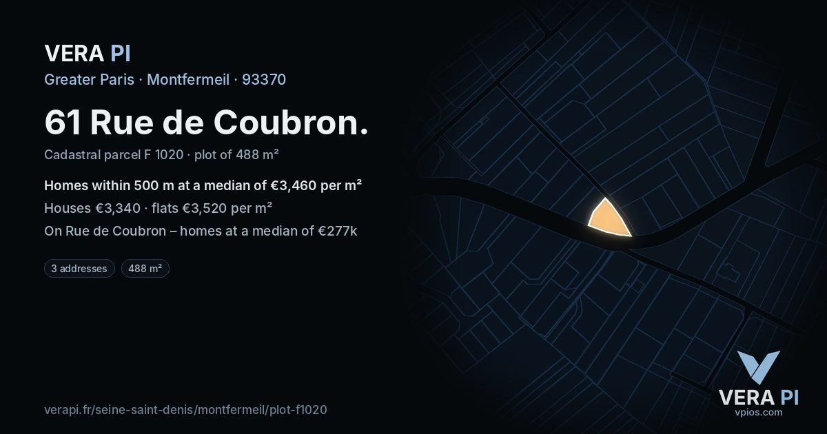 61 Rue de Coubron, Montfermeil at night – the plot lit, the parcels around coloured by the prices near them