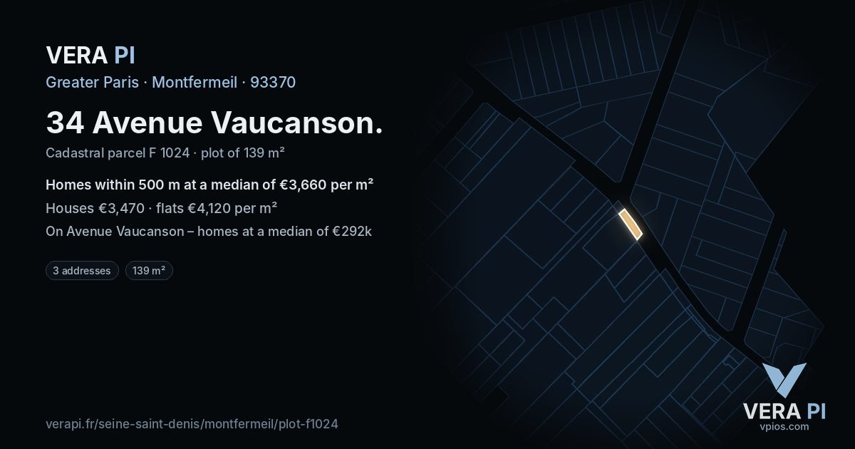 34 Avenue Vaucanson, Montfermeil at night – the plot lit, the parcels around coloured by the prices near them