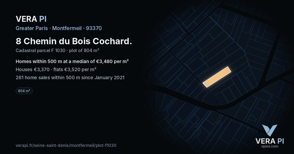 8 Chemin du Bois Cochard, Montfermeil at night – the plot lit, the parcels around coloured by the prices near them